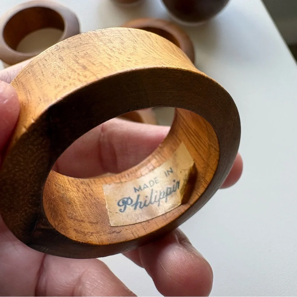 Mid-Century Modern wood salt and pepper shakers set with 4 wooden napkin rings
